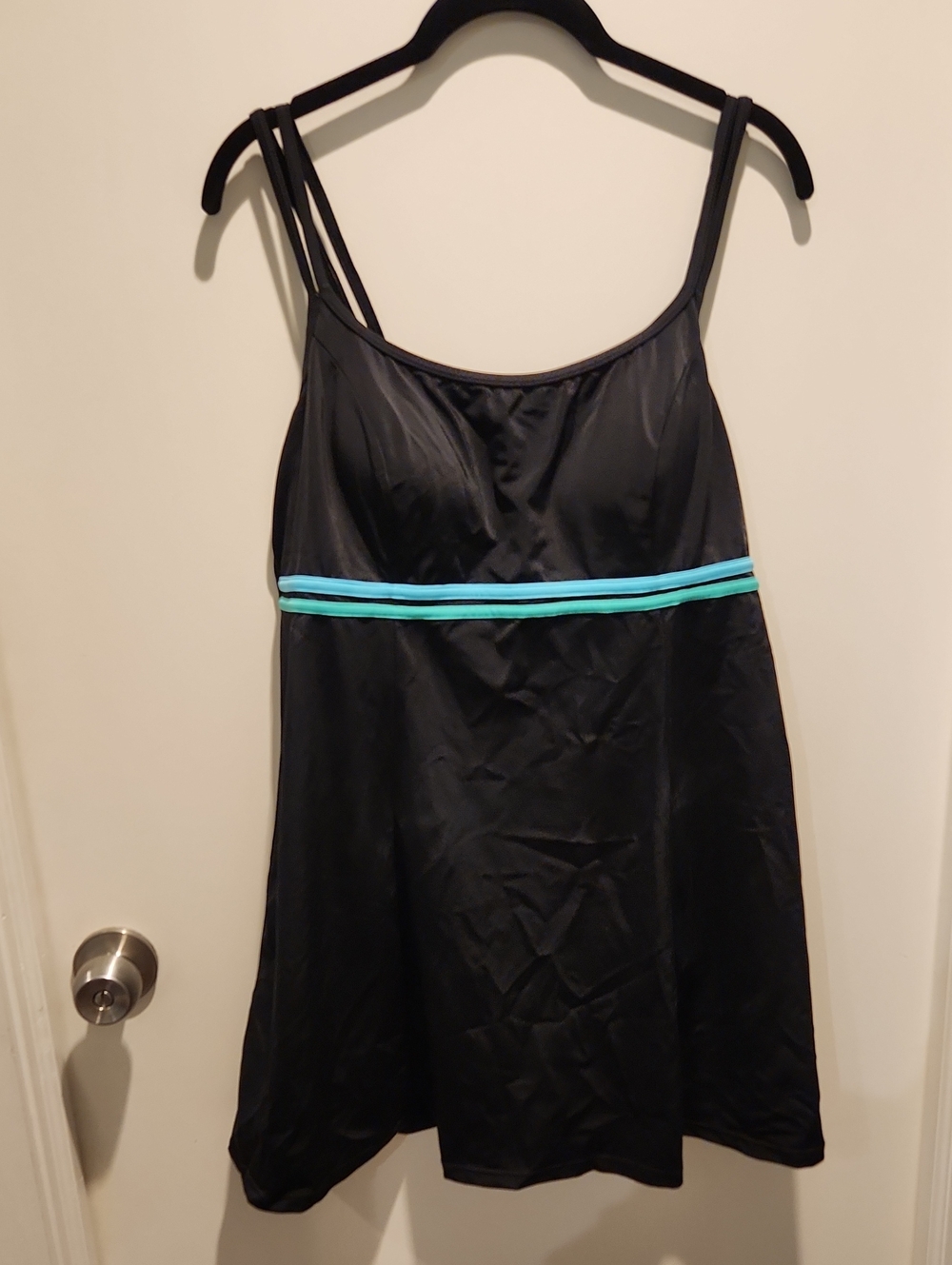 Fit4U Fit 4 UR Thighs Black Swim Dress with Aqua And Green Accent Stripes